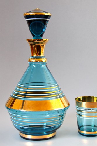 ボヘミアガラス コバルトブルー Gilted デカンタとグラスセット 1950年頃