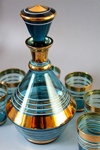 ボヘミアガラス コバルトブルー Gilted デカンタとグラスセット 1950年頃
