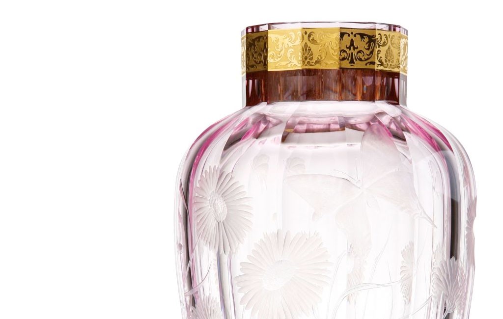 ボヘミアガラス モーゼル 花瓶 ブロッサミング メドウ 3290 ハンドカット ( Bohemian Glass Moser Blossoming Meadow 3290, Hand Cut and Engraved Underlay Vase )