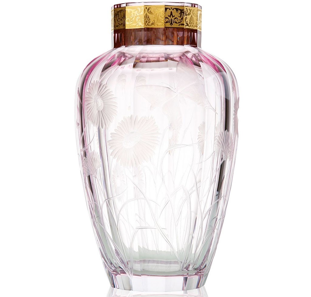 ボヘミアガラス モーゼル 花瓶 ブロッサミング メドウ 3290 ハンドカット ( Bohemian Glass Moser Blossoming Meadow 3290, Hand Cut and Engraved Underlay Vase )