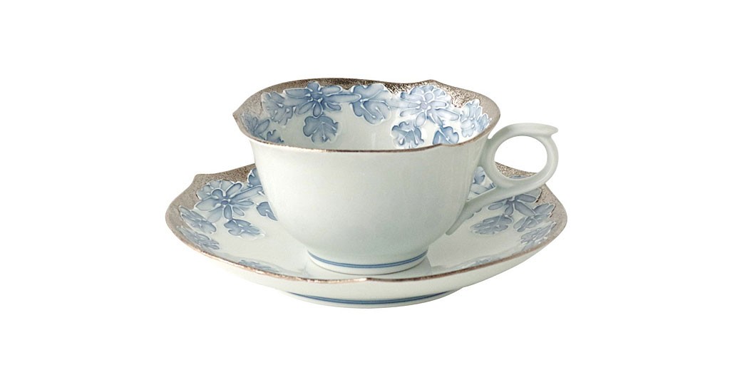 有田焼 文山窯 コーヒー碗皿 プラチナブルー 菊輪花