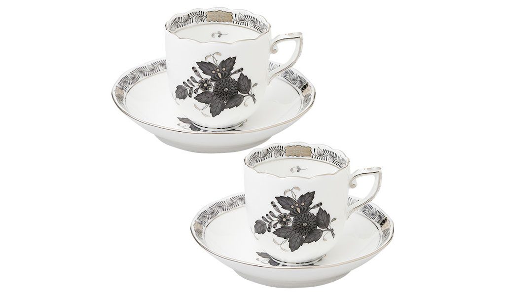  ヘレンド アポニーブラックプラチナ モカカップ＆ソーサーペア ( Herend Apponyi Black Platinum Mocha Cup & Saucer Pair )