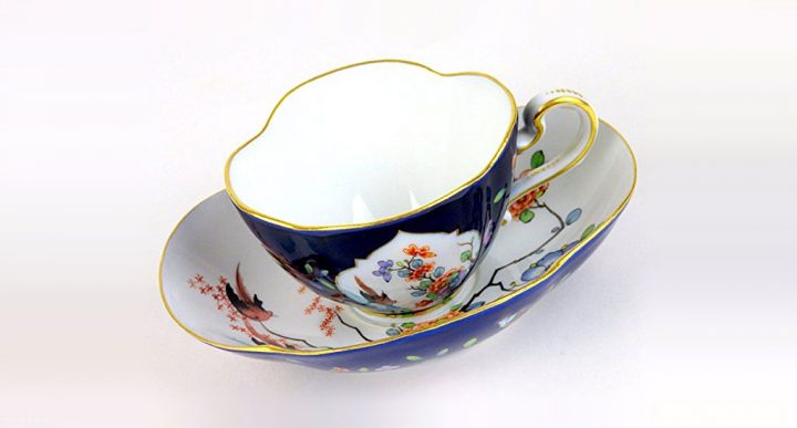 マイセン カップ＆ソーサー 柿右衛門 岩と花鳥紋 フルコバルト 四葉 ( Meissen Cup & Saucer Kakiemon Rock and Fower Bird Crest )