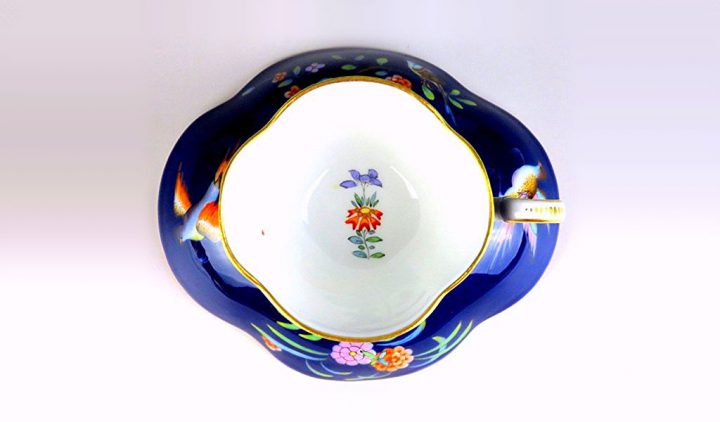 マイセン カップ＆ソーサー 柿右衛門 岩と花鳥紋 フルコバルト 四葉 ( Meissen Cup & Saucer Kakiemon Rock and Fower Bird Crest )