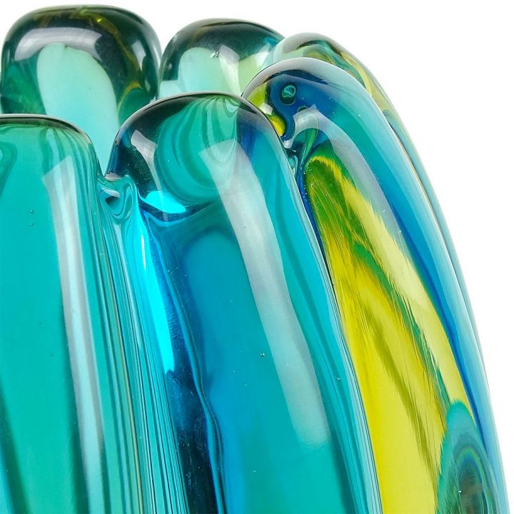 ヴェネチアガラス アルフレッド・バルビーニ 花瓶 ブルー グリーン リブド ( Venetian Glass Alfredo Barbini Sommerso Blue Green Ribbed Vase )