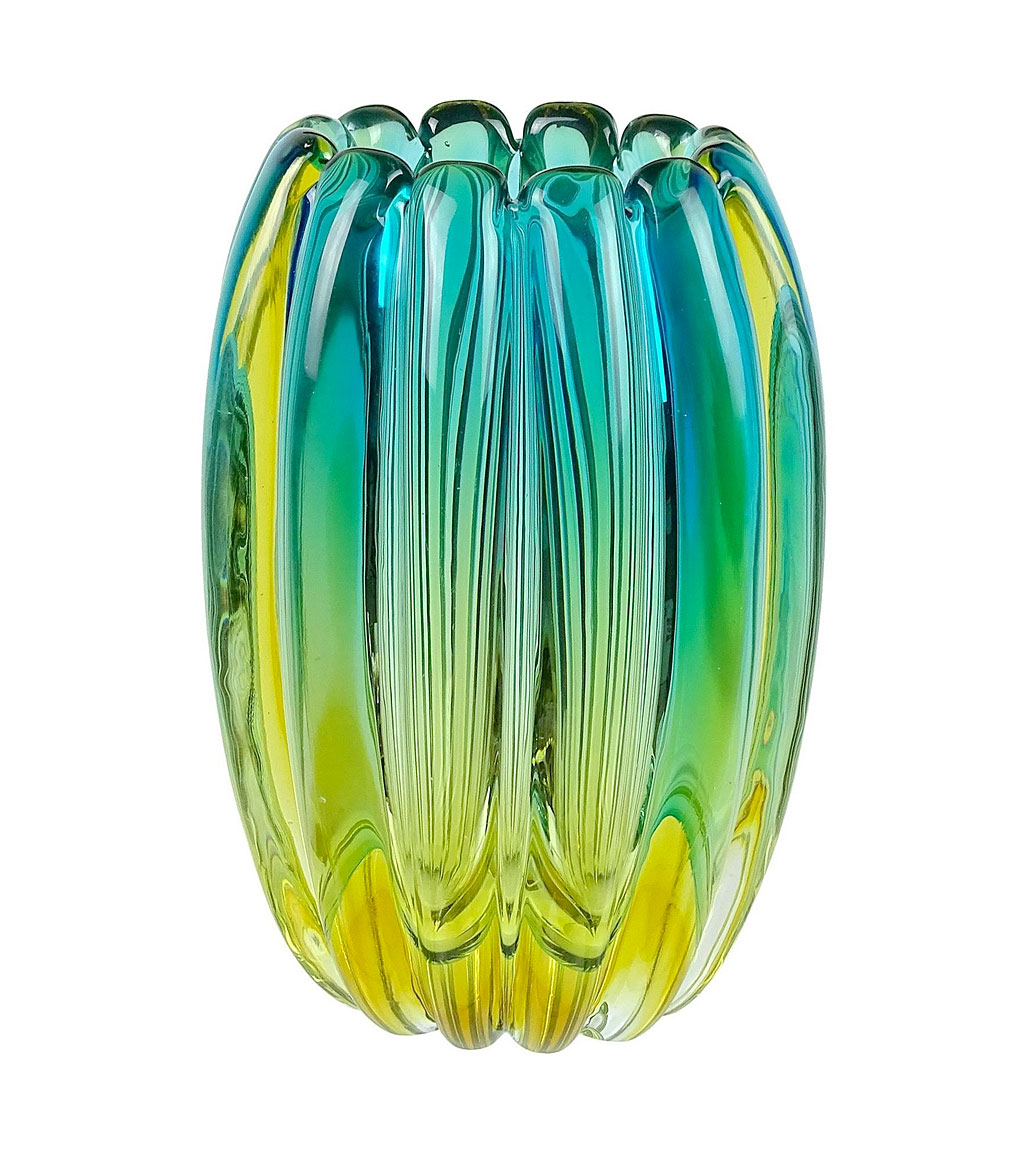 ヴェネチアガラス アルフレッド・バルビーニ 花瓶 ブルー グリーン リブド ( Venetian Glass Alfredo Barbini Sommerso Blue Green Ribbed Vase )