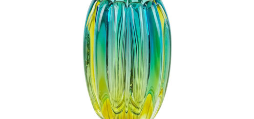 ヴェネチアガラス アルフレッド・バルビーニ 花瓶 ブルー グリーン リブド ( Venetian Glass Alfredo Barbini Sommerso Blue Green Ribbed Vase )