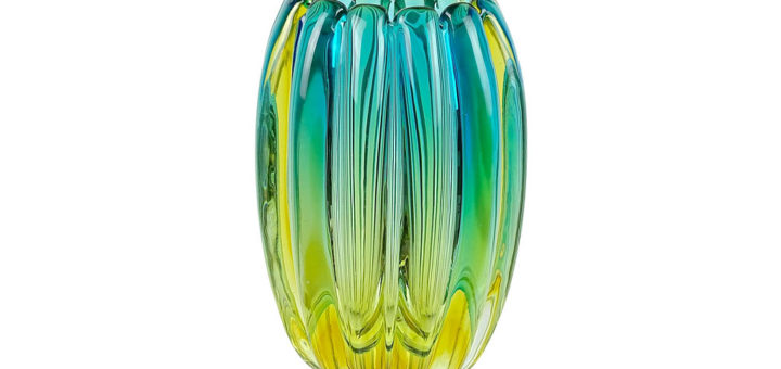 ヴェネチアガラス アルフレッド・バルビーニ 花瓶 ブルー グリーン リブド ( Venetian Glass Alfredo Barbini Sommerso Blue Green Ribbed Vase )