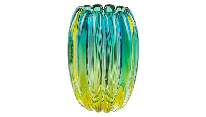 ヴェネチアガラス アルフレッド・バルビーニ 花瓶 ブルー グリーン リブド ( Venetian Glass Alfredo Barbini Sommerso Blue Green Ribbed Vase )