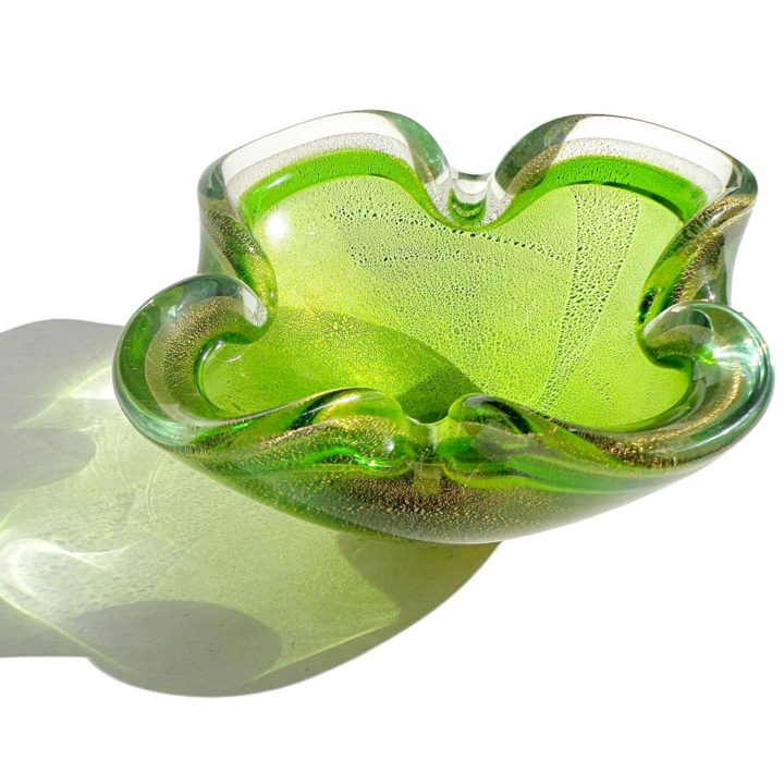 ヴェネチアガラス ボウル グリーン ゴールド ソッメルソ ( Venetian Glass Sommerso Green Gold Flecks Italian Art Glass Decorative Folded Rim Bowl )