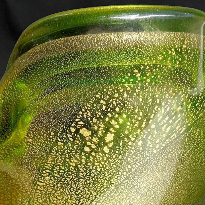 ヴェネチアガラス ボウル グリーン ゴールド ソッメルソ ( Venetian Glass Sommerso Green Gold Flecks Italian Art Glass Decorative Folded Rim Bowl )