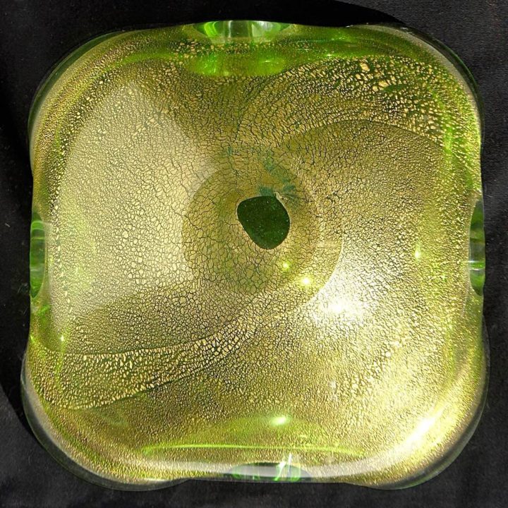 ヴェネチアガラス ボウル グリーン ゴールド ソッメルソ ( Venetian Glass Sommerso Green Gold Flecks Italian Art Glass Decorative Folded Rim Bowl )