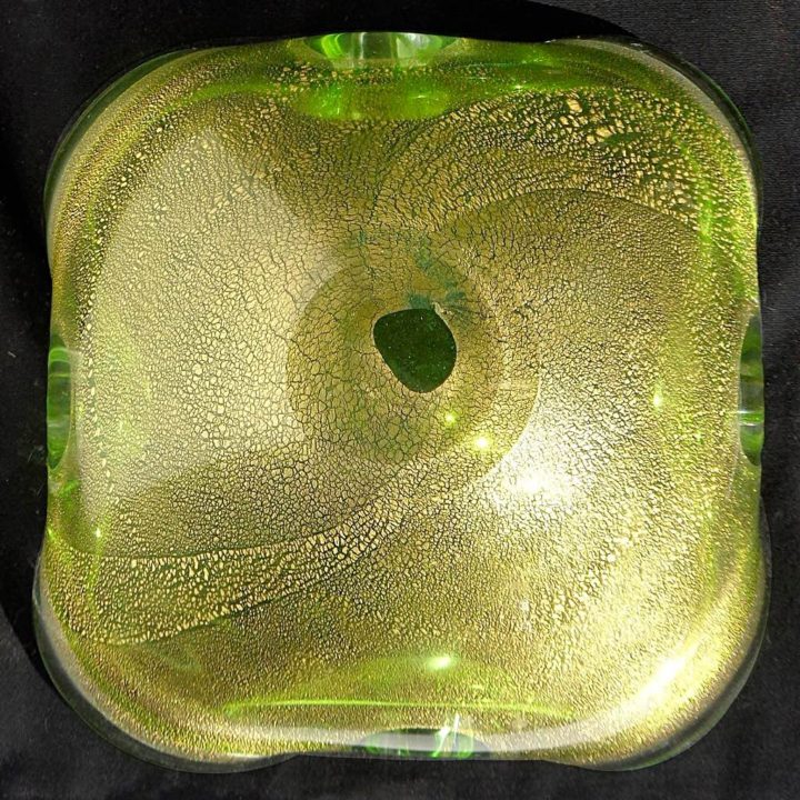 ヴェネチアガラス ボウル グリーン ゴールド ソッメルソ ( Venetian Glass Sommerso Green Gold Flecks Italian Art Glass Decorative Folded Rim Bowl )