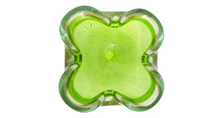 ヴェネチアガラス ボウル グリーン ゴールド ソッメルソ ( Venetian Glass Sommerso Green Gold Flecks Italian Art Glass Decorative Folded Rim Bowl )