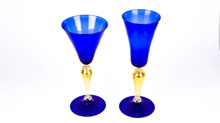 ヴェネチアガラス ゴブレット ペア ブルー＆ゴールド ( Venetian Glass Set of Two Goblets Blue and Gold )