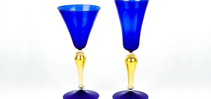 ヴェネチアガラス ゴブレット ペア ブルー＆ゴールド ( Venetian Glass Set of Two Goblets Blue and Gold )