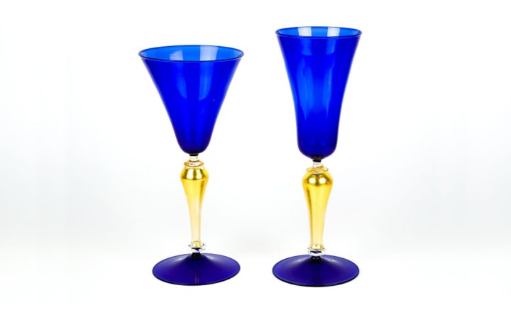 ヴェネチアガラス ゴブレット ペア ブルー＆ゴールド ( Venetian Glass Set of Two Goblets Blue and Gold )