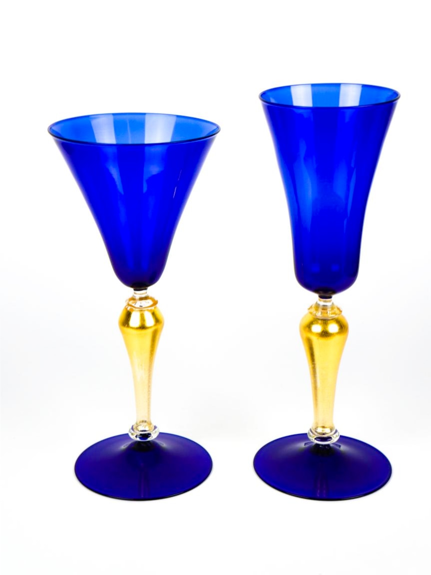 ヴェネチアガラス ゴブレット ペア ブルー＆ゴールド ( Venetian Glass Set of Two Goblets Blue and Gold )