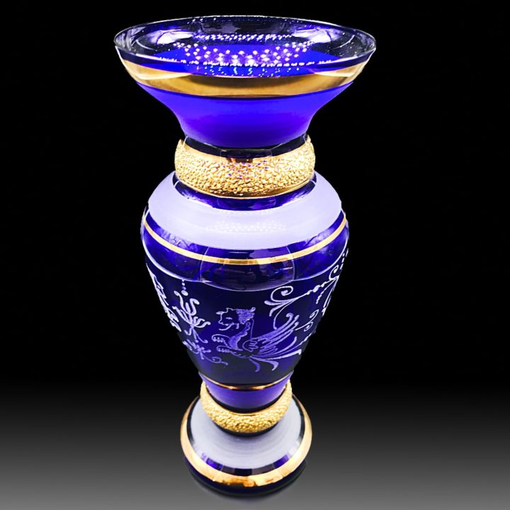 ボヘミアガラス 金彩 ブルー エングレーブド ベース 花瓶 ( Bohemian Glass Gilded Engraved Blue Vase )
