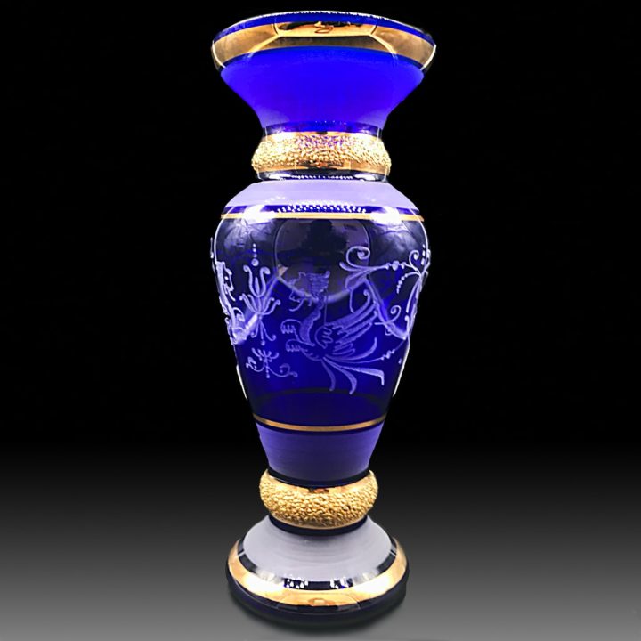 ボヘミアガラス 金彩 ブルー エングレーブド ベース 花瓶 ( Bohemian Glass Gilded Engraved Blue Vase )