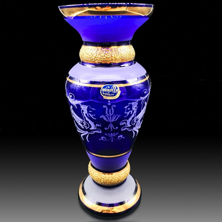 ボヘミアガラス 金彩 ブルー エングレーブド ベース 花瓶 ( Bohemian Glass Gilded Engraved Blue Vase )