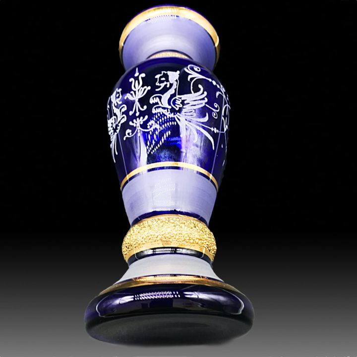 ボヘミアガラス 金彩 ブルー エングレーブド ベース 花瓶 ( Bohemian Glass Gilded Engraved Blue Vase )