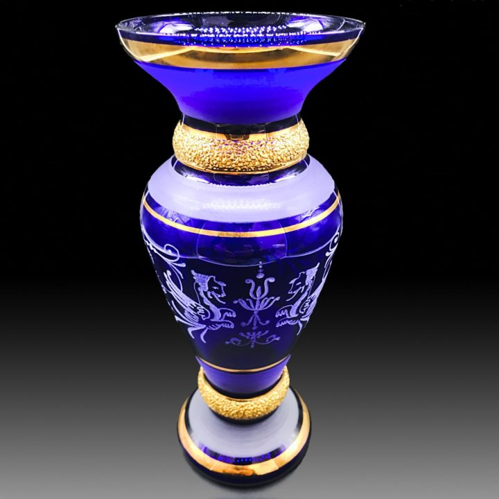 ボヘミアガラス 金彩 ブルー エングレーブド ベース 花瓶 ( Bohemian Glass Gilded Engraved Blue Vase )