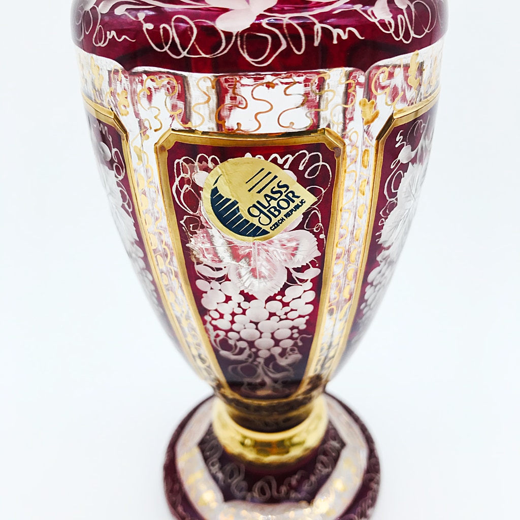 ボヘミアガラス エーゲルマン リッチエングレーヴィング 花瓶 レッド 金彩 葡萄文 ( Bohemian Glass Egermann RichEngraving Vase )