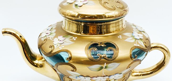 ヴェネチアガラス 金彩 24K ポット 水色 ライトブルー 花紋 ( Venetian Glass Gold Gilded 24K Pot Light Blue Flower Pattern )