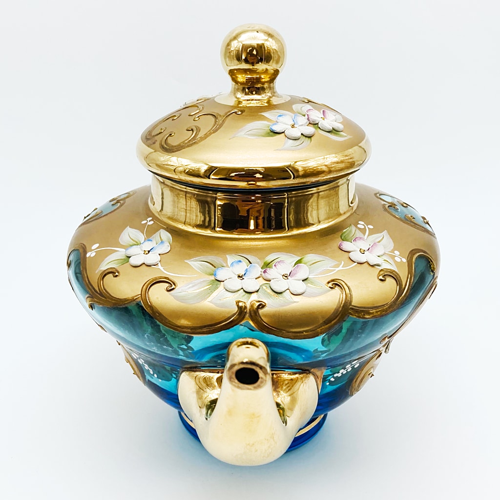 ヴェネチアガラス 金彩 24K ポット 水色 ライトブルー 花紋 ( Venetian Glass Gold Gilded 24K Pot Light Blue Flower Pattern )