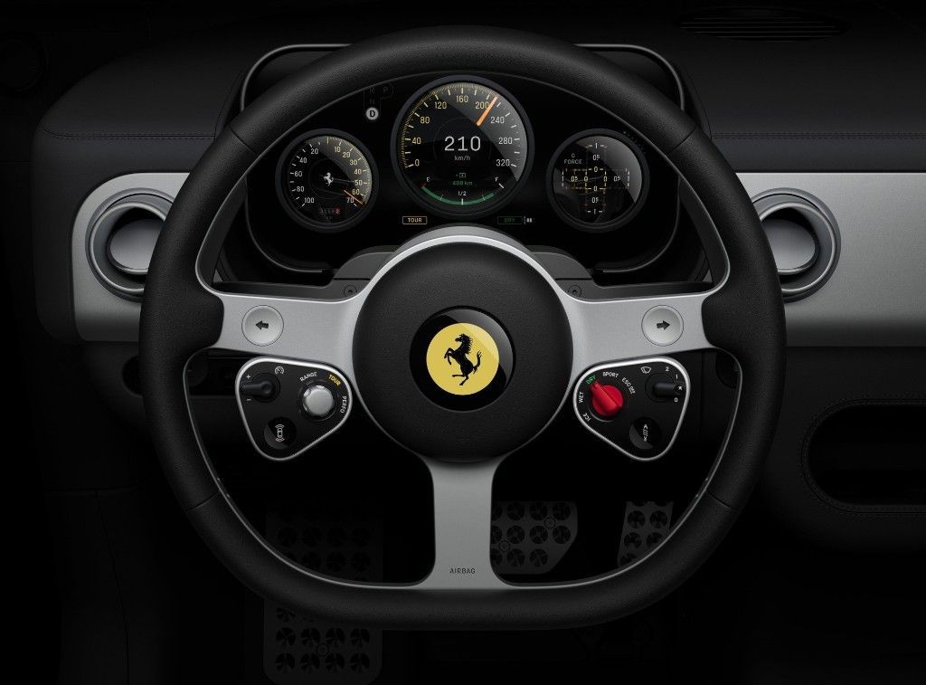 フェラーリ Luce のステアリングと3眼アナログ計器、ステアリング上の物理スイッチ類(Ferrari × LoveFrom/公式サイトより)